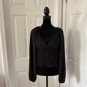 Astr Black Peasant Blouse With Deep V-neck and Smocked Detail.
